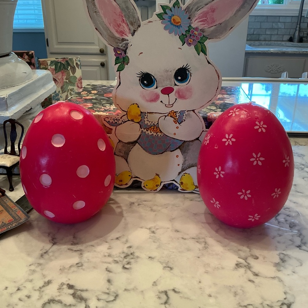 Pink  Easter Eggs  large candles with White Patterns